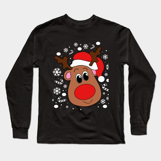 Christmas Reindeer Shirt-Snow-Snowflakes Long Sleeve T-Shirt by Skylane